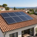 Paneles fotovoltaicos distribuidos sobre el tejado de teja de una vivienda
