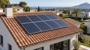 Paneles fotovoltaicos distribuidos sobre el tejado de teja de una vivienda