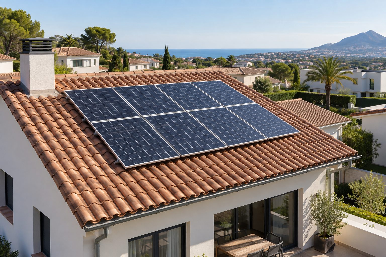 Paneles fotovoltaicos distribuidos sobre el tejado de teja de una vivienda