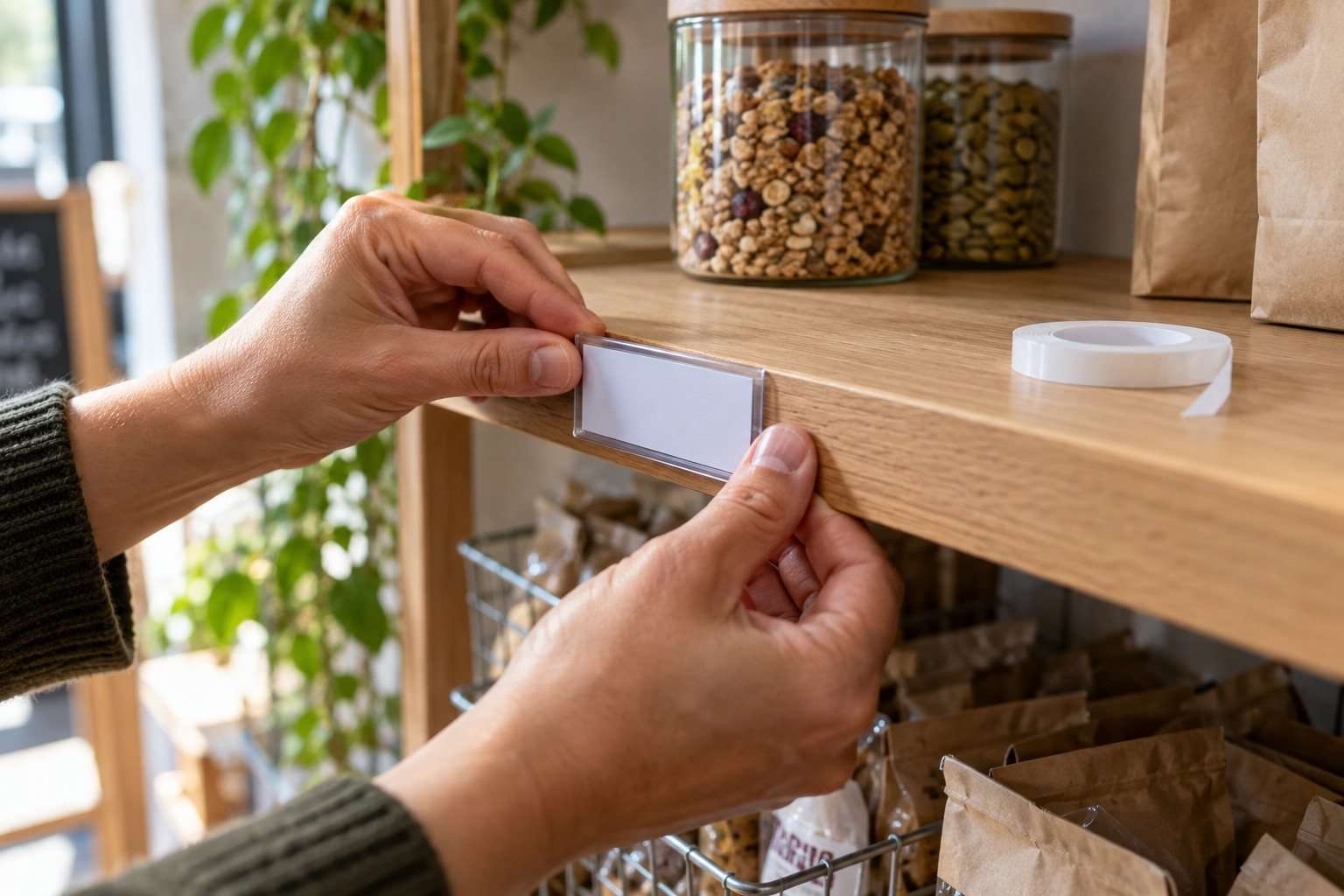 Manos fijando un pequeño portaetiquetas a una superficie de madera.