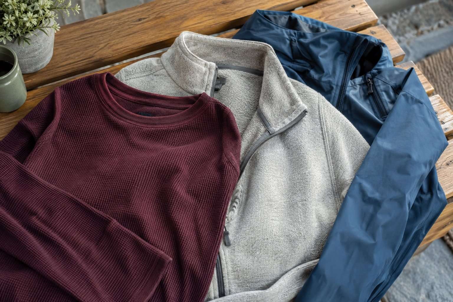 Camiseta térmica, forro polar y chaqueta exterior colocados como capas separadas