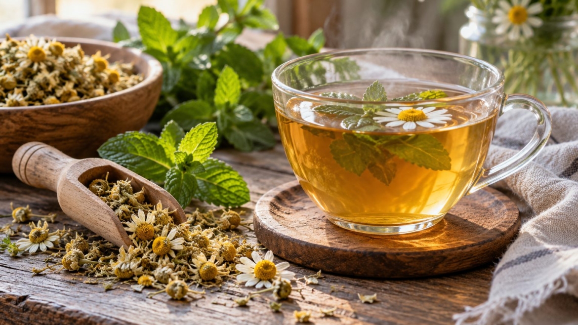 Taza de infusión junto a manzanilla y hojas de menta