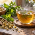 Taza de infusión junto a manzanilla y hojas de menta