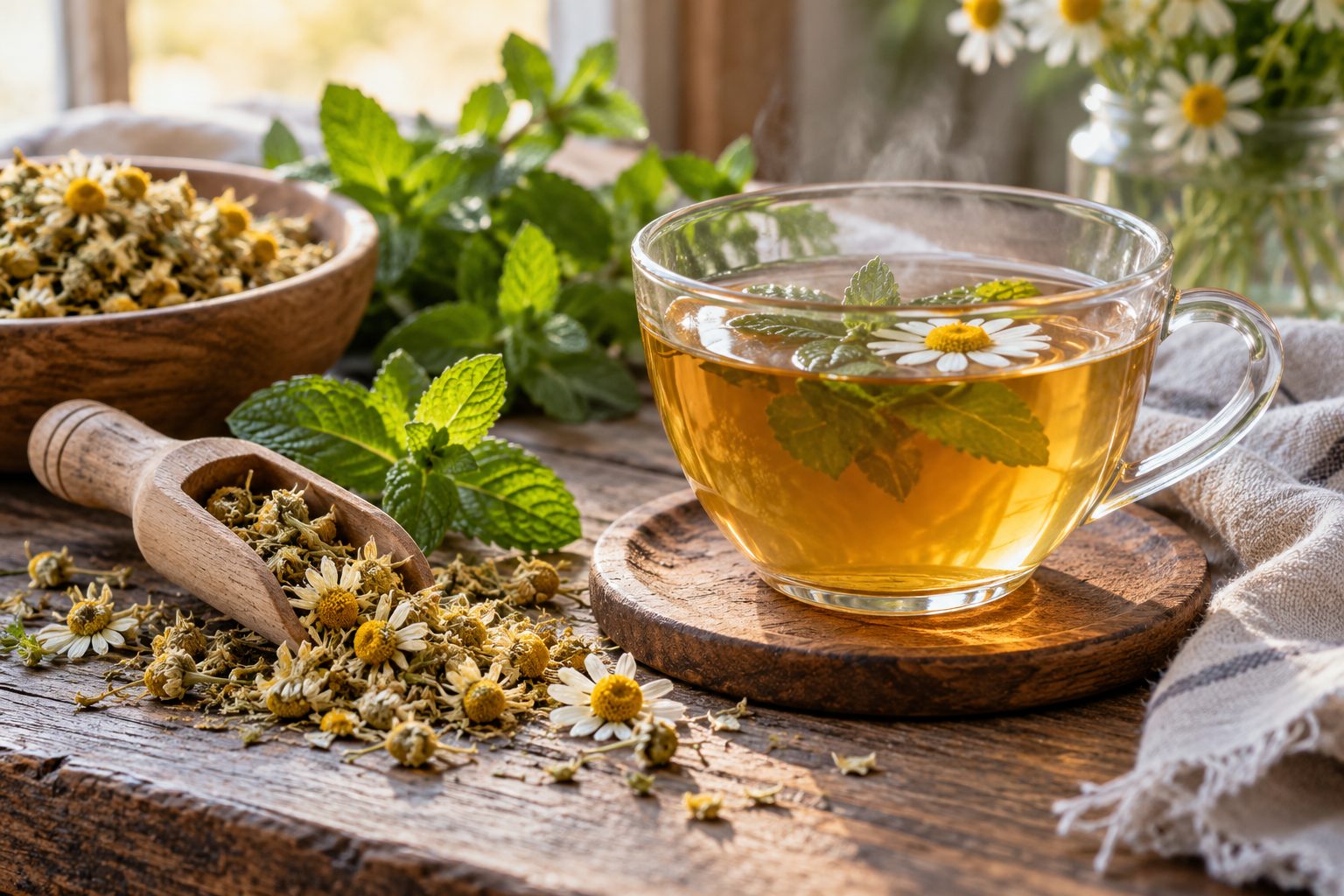 Taza de infusión junto a manzanilla y hojas de menta