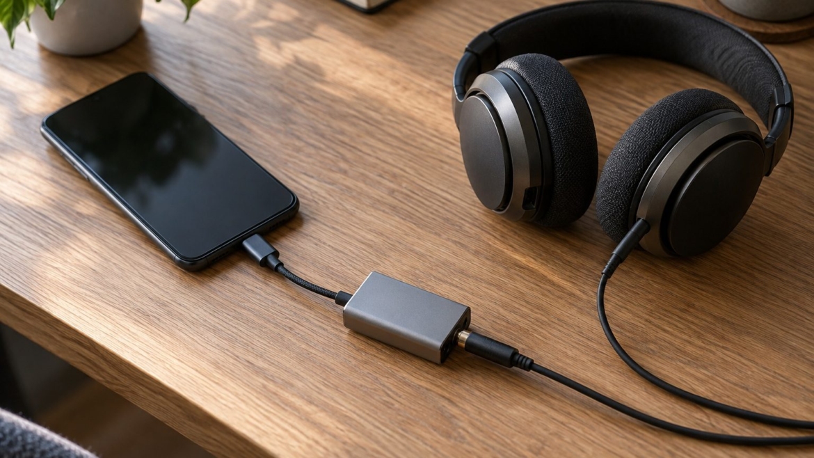 DAC portátil conectado entre un teléfono y unos auriculares