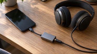 DAC portátil conectado entre un teléfono y unos auriculares