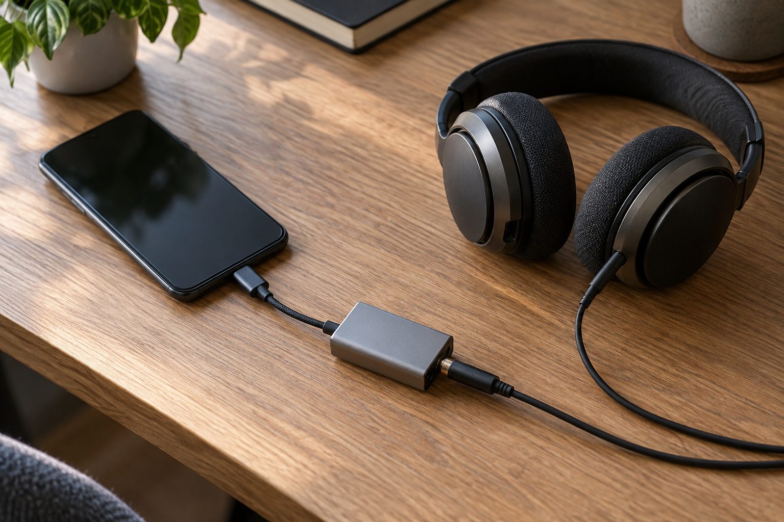DAC portátil conectado entre un teléfono y unos auriculares