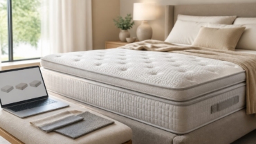 Colchón blanco de varias capas en un dormitorio sereno junto a un portátil y muestras textiles