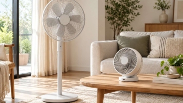 Ventilador de pie y ventilador compacto en un salón luminoso.
