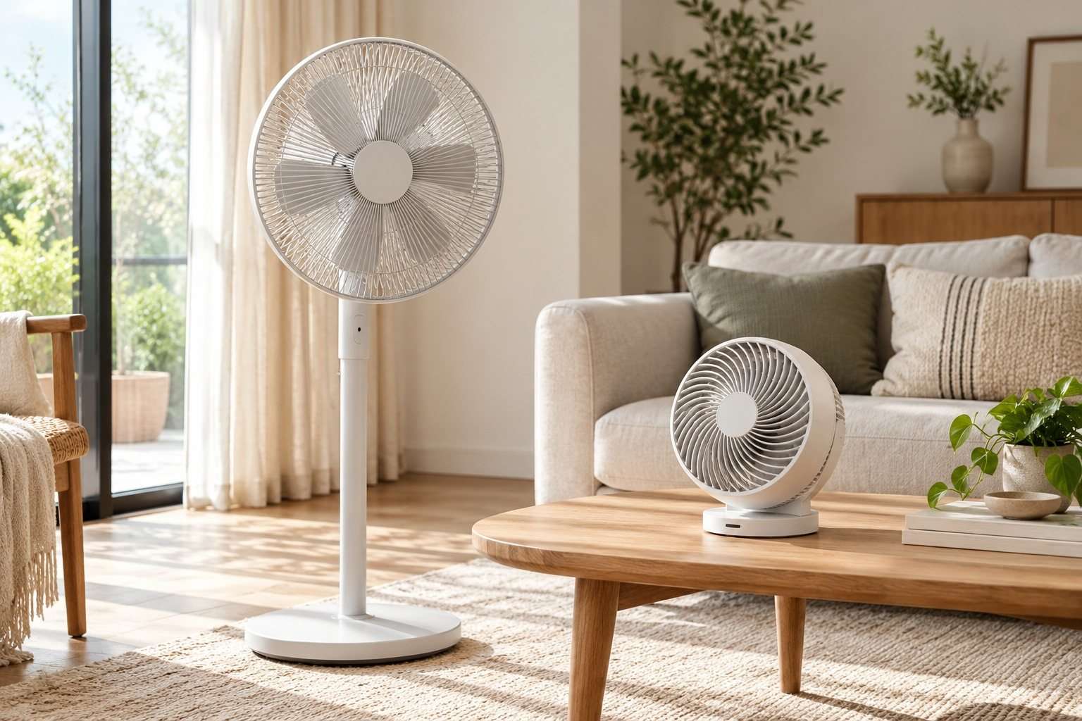 Ventilador de pie y ventilador compacto en un salón luminoso.